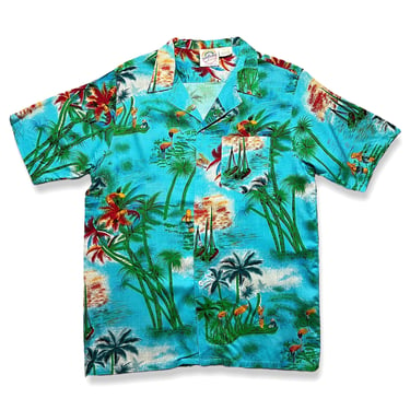 Vintage 100% Rayon Hawaiian Shirt ~ fits M ~ Aloha ~ Rockabilly / Tiki / Atomic / VLV ~ Print 