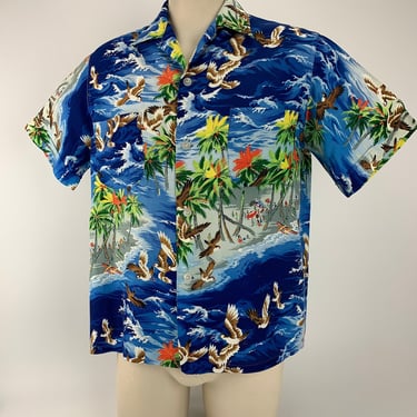 1950's Hawaiian Shirt - PENNEY'S LABEL - Hand Screen Printed Rayon - Vivid Colors - Loop Collar  - Made in Japan - Men's Size Medium 