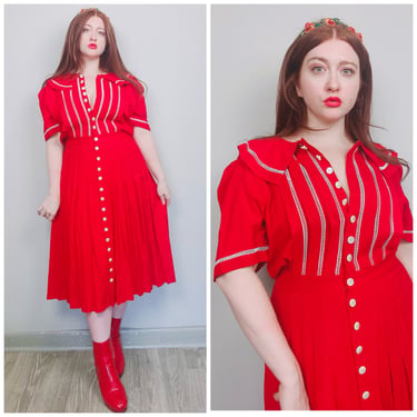 1990s Vintage Plaza South Red and White Peter Pan Collar Dress / 90s Twee Elastic Waist Button Rayon Dress / Size XL 