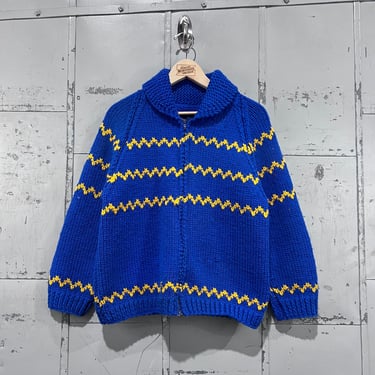 S 60s Wool Cowichan Wave Band Knit Zip-Up Cardigan Sweater blue and yellow Small 1970s 1960s Cool Design Fall Autumn 