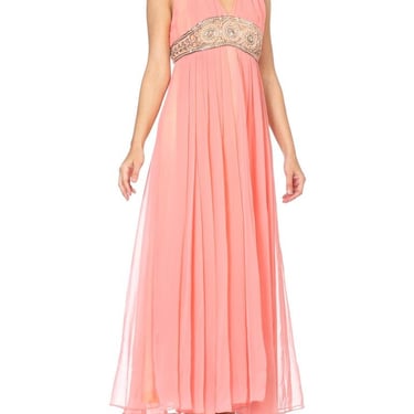 1970S Salmon Pink Polyester Chiffon Empire Waist Godess Gown With Crystal Beading 