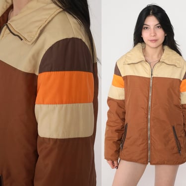 Hooded Ski Jacket 70s Brown Striped Puffer Jacket Hidden Hood Tan Orange Zip Up Puffy Coat Seventies Skiwear Winter Vintage 1970s Large L 