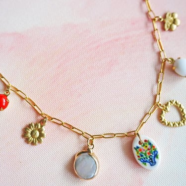 Flower Bouquet Charm Necklace, Hand Painted Porcelain, Flower Necklace, Romantic Pearl Necklace, Handmade Ceramic Art, Vintage Brass Charms 