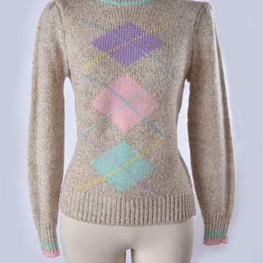 80's Fall Argyle Sweater Pull Over Vintage Beige Pastel Print 1970's, 1980's by Erika LARGE Ossie Clark style Disco New Wave 