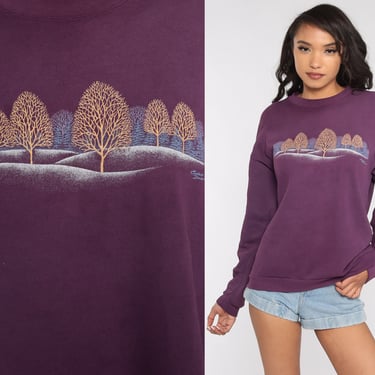 Tree Sweatshirt Purple Shirt 90s Animal Graphic Crewneck Sweatshirt 1990s Sweater Vintage Retro Sportswear Forest Medium 