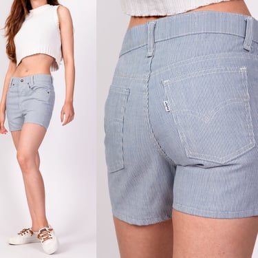 70s Levis Railroad Striped Shorts - Extra Small | Vintage Mid Rise Cotton Denim Pinstripe Shorts 