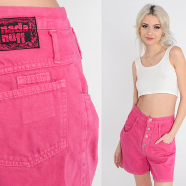 Hot Pink Denim Shorts 90s Jean Shorts Exposed Button Fly High Waisted High Rise Retro Summer Bottoms Basic Plain Vintage 1990s Small 27 