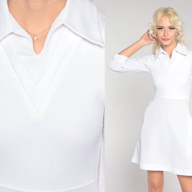 60s Mini Dress White Mod Dress High Waist 70s Retro Plain Minidress Vintage Sixties Twiggy 1960s 3/4 Sleeve Ribbed Polyester Extra Small xs 