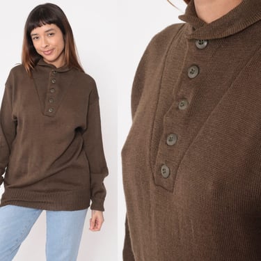 Wool Army Sweater 80s Brown Military Sweater Knit Henley 5 Button Up Commando Pullover Plain Vintage 1980s Men's Large L 