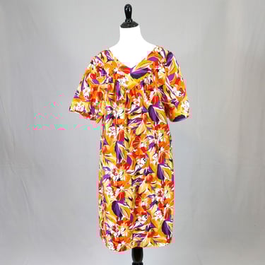 70s Sears Muumuu Dress - Hawaiian Style - Floral Black Purple Orange Red White Beige - All Cotton - Short Sleeve - Vintage 1970s - XL 