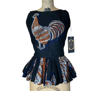 Vintage 1970s novelty rooster blouse navy cotton sleeveless fitted Ankara block 