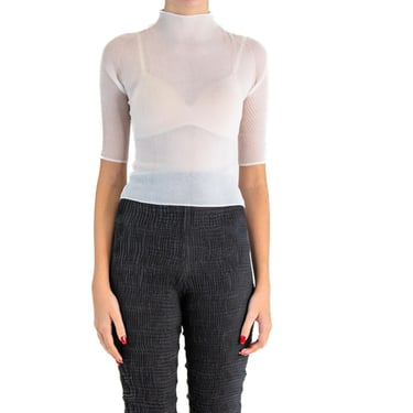 1990S Issey Miyake White Polyester Double Pleated Sheer Mock Neck Top 