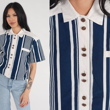 Navy Striped Blouse 90s Anchor Button Up Shirt Blue White Striped Top Semi Cropped Retro Simple Short Sleeve Basic Vintage 1990s Medium 