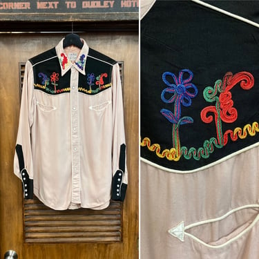 Vintage 1950’s “Las Vegas” Two-Tone Western Cowboy Rayon Gabardine Rockabilly Shirt, Amazing Details, 50’s Vintage Clothing 