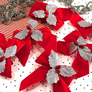 VINTAGE: 8pc - 1990s Red and Silver Bows - Kitsch - Deadstock - Flower Pick - Millinery - Crafts - Gift Wrapping - Holiday Decor 