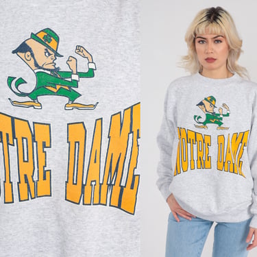 Notre Dame Sweatshirt 90s Fighting Irish University Shirt College Football Graphic Sweater Pullover Crewneck Grey ND Vintage 1990s Large L 