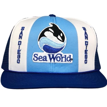 Vintage 1985 AJD San Diego Sea World Embroidered Lucky Stripe Mesh SnapBack Trucker Hat Cap 