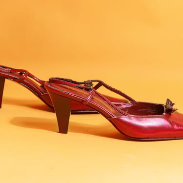 90s Dark Cherry Red Leather Pointed Toe Bow Heels Vintage Slingback Short Strappy Kitten Heels 