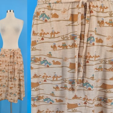 Vintage 70s XS Lady Manhattan Camel Print Jersey Mid Length Skirt - Seventies Novelty Print Desert Scene Midi Skirt 