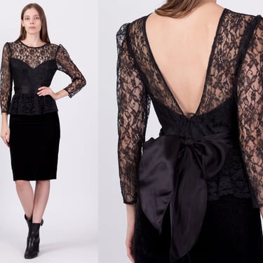 80s Gunne Sax Black Lace Low Back Party Dress - Extra Small | Vintage Satin Bow Backless Sheath Mini Cocktail Prom Dress 