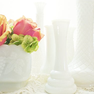 White milk glass vase collection, 1 Planter and 6 bud vases, Wedding, bridal, baby shower decor, flower vases 