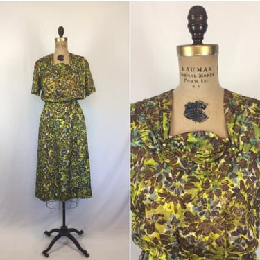 Vintage 50s Dress | Vintage brown green floral print dress | 1950s rayon shift dress 