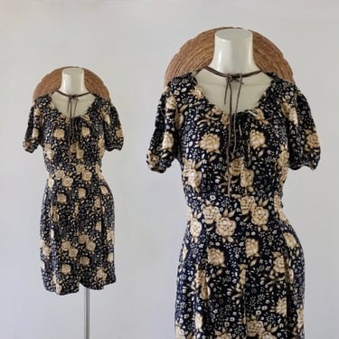 golden floral romper - s - vintage 90s y2k womens dark blue navy size small shorts spring summer 