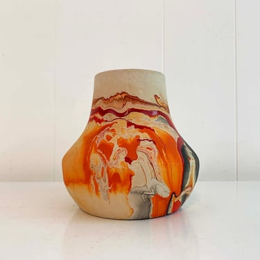 Vintage Nemadji Art Pottery Vase Swirl Handmade USA Flower Red Orange Swirl Mid-Century Modern White Beige 1970s 70s 