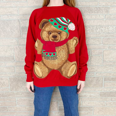 Vintage Holiday Christmas Teddy Bear Pullover Sweatshirt 