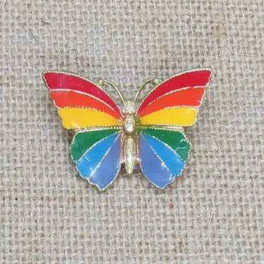 Vintage Rainbow Butterfly Enamel Pin - Rainbow Striped Brooch - 80s 1980s Costume Jewelry 