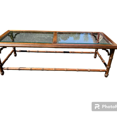 Beautiful vintage faux bamboo coffee table with beveled glass inserts 