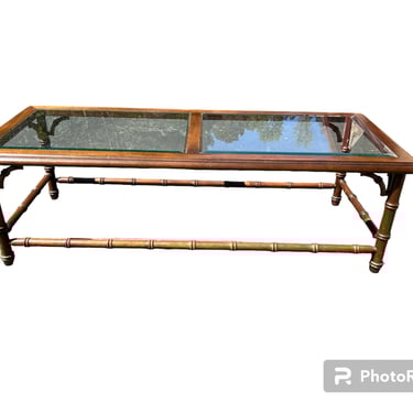 Beautiful vintage faux bamboo coffee table with beveled glass inserts 