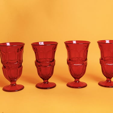 Set of 4 Vintage 60s Dark Red Glasses Chunky Crystal Glass Goblet Cups 