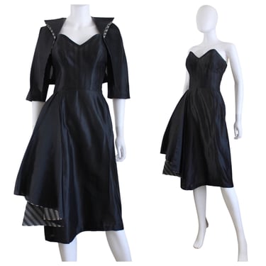 1950s Black Strapless Cocktail Dress with Matching Crop Jacket - 50s Black Silk Cocktail Dress Set - 50s Striped Cocktail Dress | Size Small 