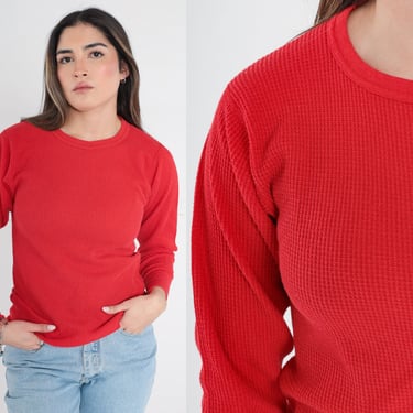Red Thermal Shirt 80s Long Sleeve Undershirt Waffle Knit T-Shirt Under Shirt TShirt Underwear Retro Tee Warm Layering Vintage 1980s Medium M 