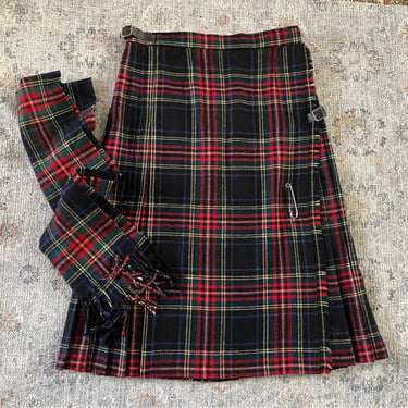 Vintage ‘70s ‘80s James Dalgliesh black tartan kilt with matching scarf, made in Great Britain, M/L 