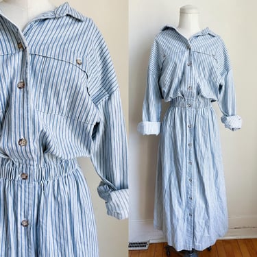 Vintage 1980s Striped Denim Shirt Dress / M-L 