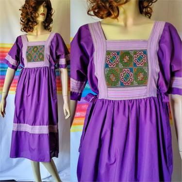 Peasant smock dress size XS-Med, vintage cotton short sleeve midi sundress embroidery & waist tie, boho hippie ethnic Thai traditional style 