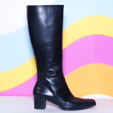 Vintage 1990s Saks Fifth Ave Black Tall Block Heel Boots | Size 7 