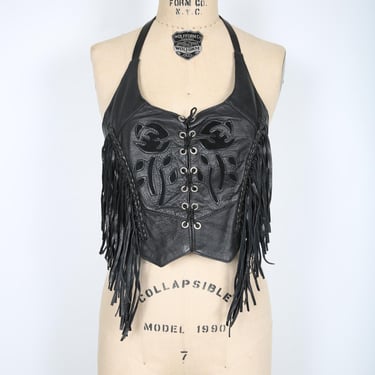 Vintage Leather Black Halter Top with Fringe and Flower Inlay Boho Hippie Hippie Festival Motorcycle Coachella Woodstock 