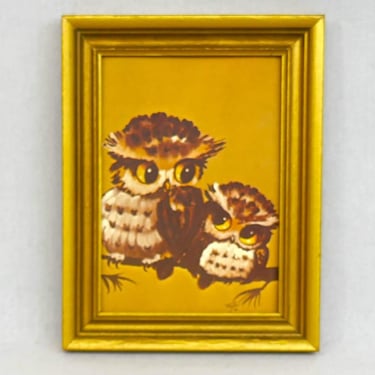 60s 70s Owl Print - Framed but no glass - 5x7 print signed Thayer - Gold Brown - Wooden Frame - Vintage 1960s 1970s 