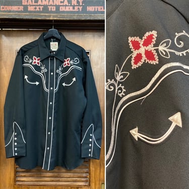 Vintage 1970’s Size L/XL “H Bar C” Western Cowboy Embroidery Rockabilly Shirt, 70’s Western Wear, 70’s Ranch Wear, Vintage Clothing 