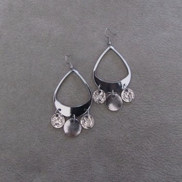 Hammered gunmetal chandelier earrings, statement hematite earrings, mid century modern earrings, teardrop earrings, unique artisan earring 