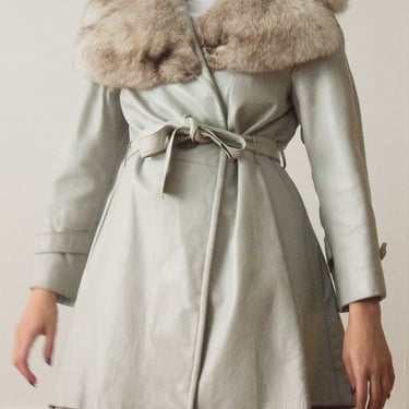 1970s Dove Gray Leather Trench with Fur Collar 