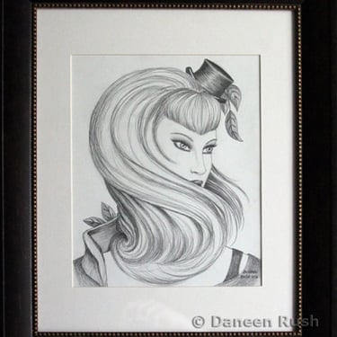 Original Art Drawing Illustration Soft Burlesque Top Hat Lady by Daneen Rush 