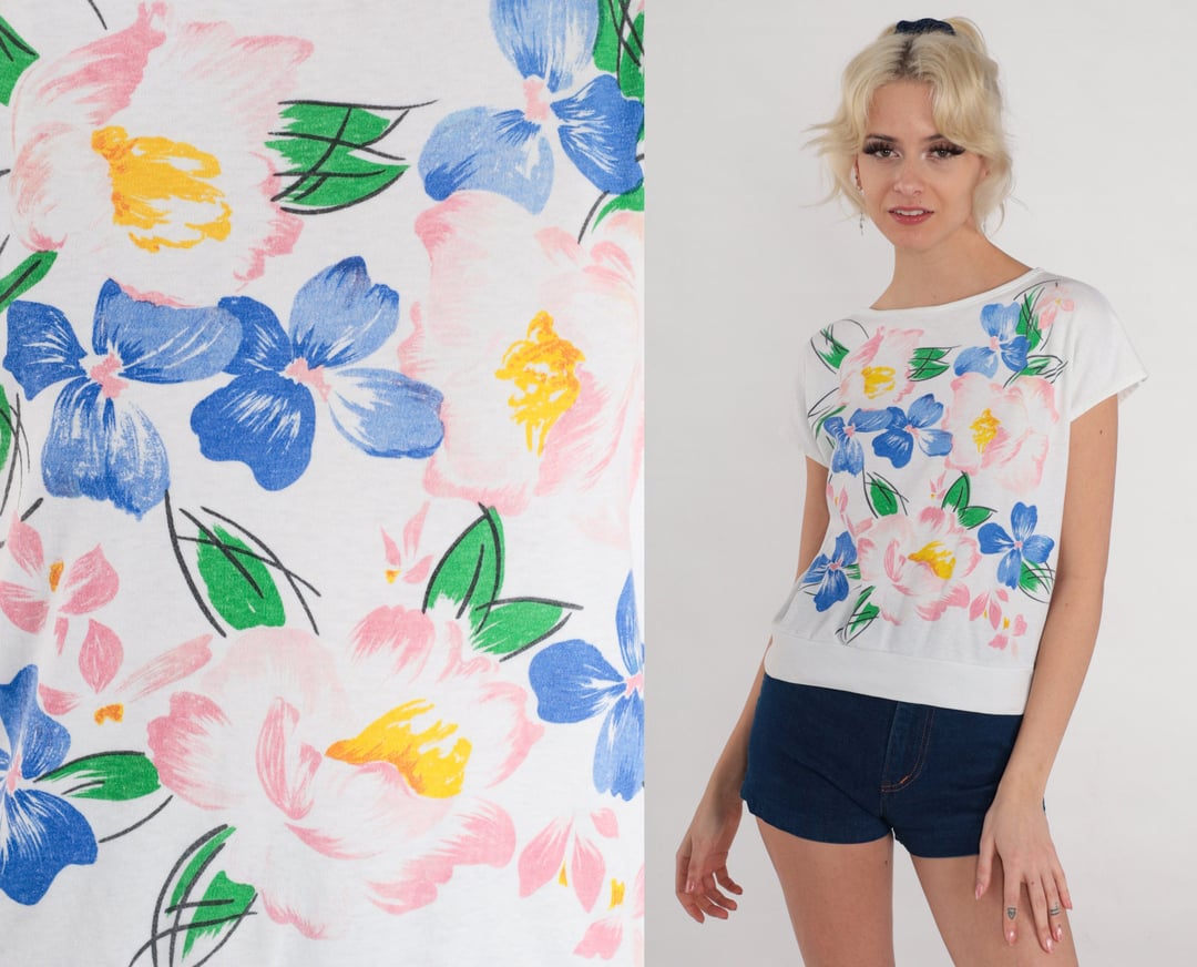 80s Floral Top White Slouchy Flower Rose Print Shirt Retro