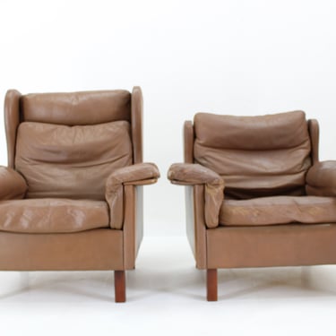 1970s Pair of Brown Leather Armchairs, Denmark 