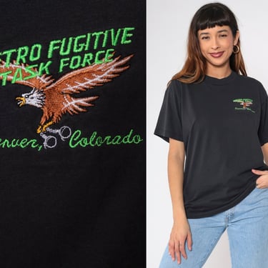 Metro Fugitive Task Force Shirt 90s Denver Colorado Police Department T-Shirt Eagle Graphic Tee Black Vintage 1990s Medium Large 