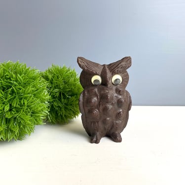 Carved Japanese wooden owl with wiggle eyes - 1970s vintage 