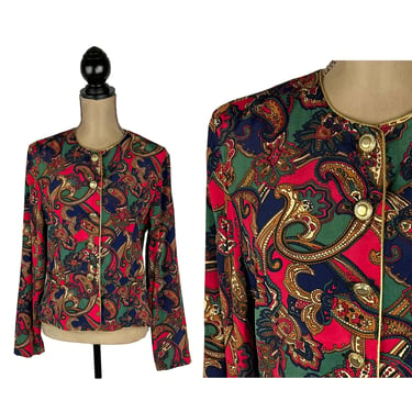 90s Rayon Baroque Print Blouse Medium | Women Vintage 1990s Colorful Button Up Long Sleeve Jacket Style with Gold Piping - NORTON MCNAUGHTON 